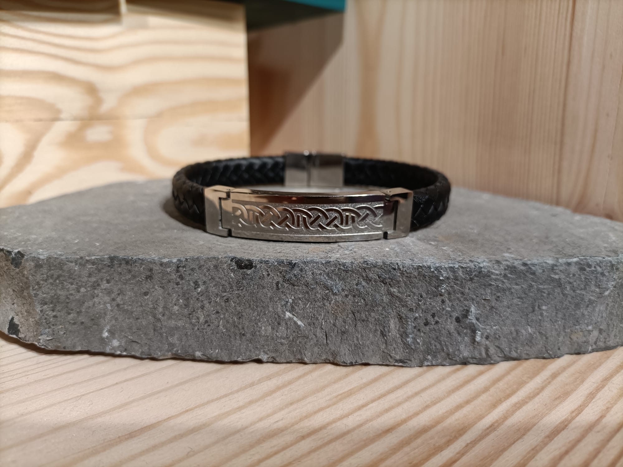 Leather and Stainless Steel Mens Personalised Engraved Bracelet