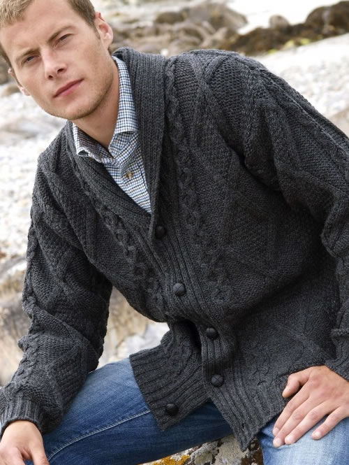 MENS ARAN SHAWL NECK CARDIGAN (B5SC) - Aran Islands Sweaters