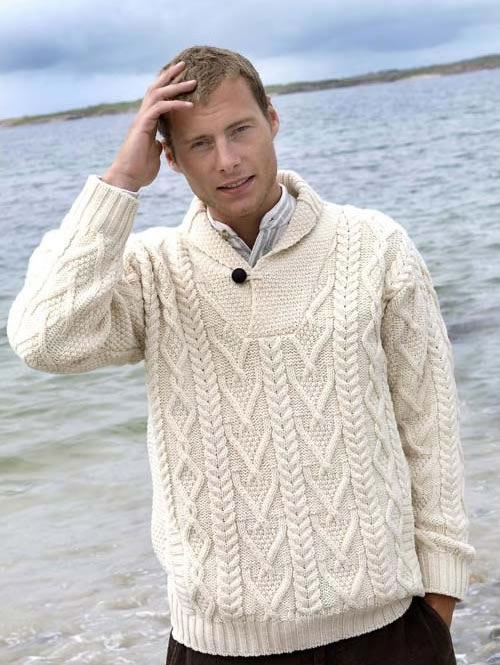 Hollywood lindring løn ONE BUTTON SHAWL COLLAR SWEATER (B1SC) - Aran Islands Sweaters