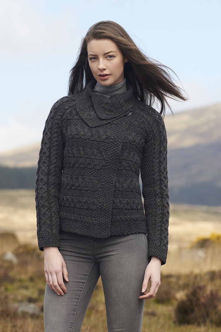LADIES ONE BUTTON CABLE KNIT CARDIGAN (LC1B) - Aran Islands Sweaters